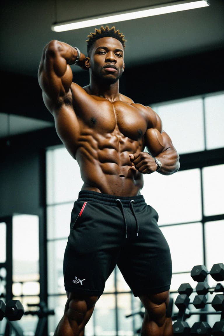 A fit male man as fitness influencer flexing their muscles in the gym ...