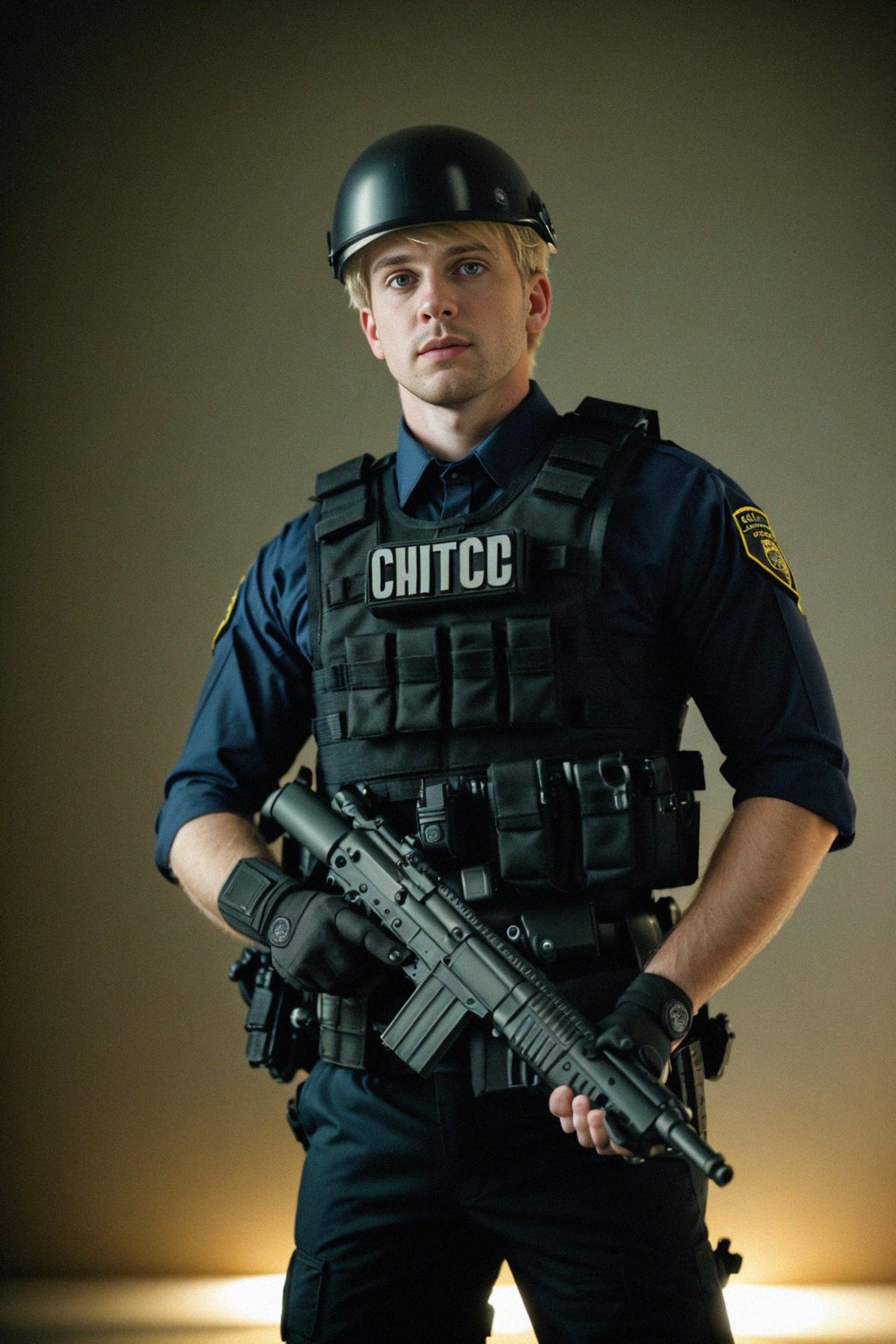 man as a SWAT Officer. wearing black swat vest, swat helmet, holding pdw