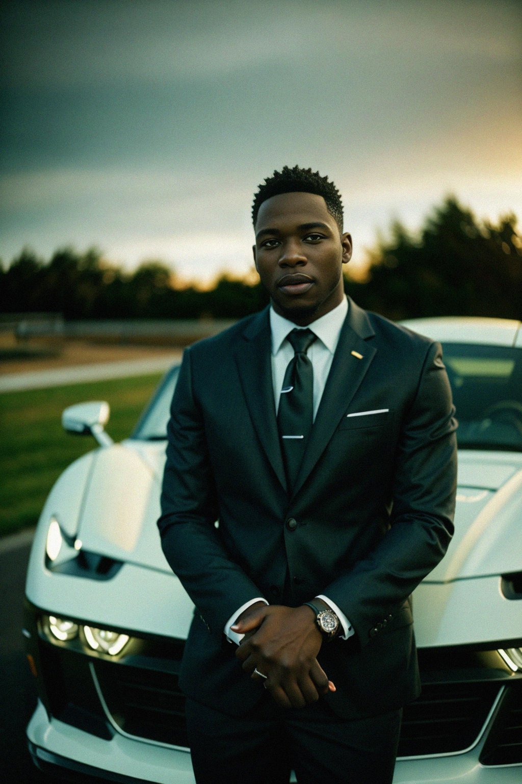 man wearing suit  posing in front of a sports car