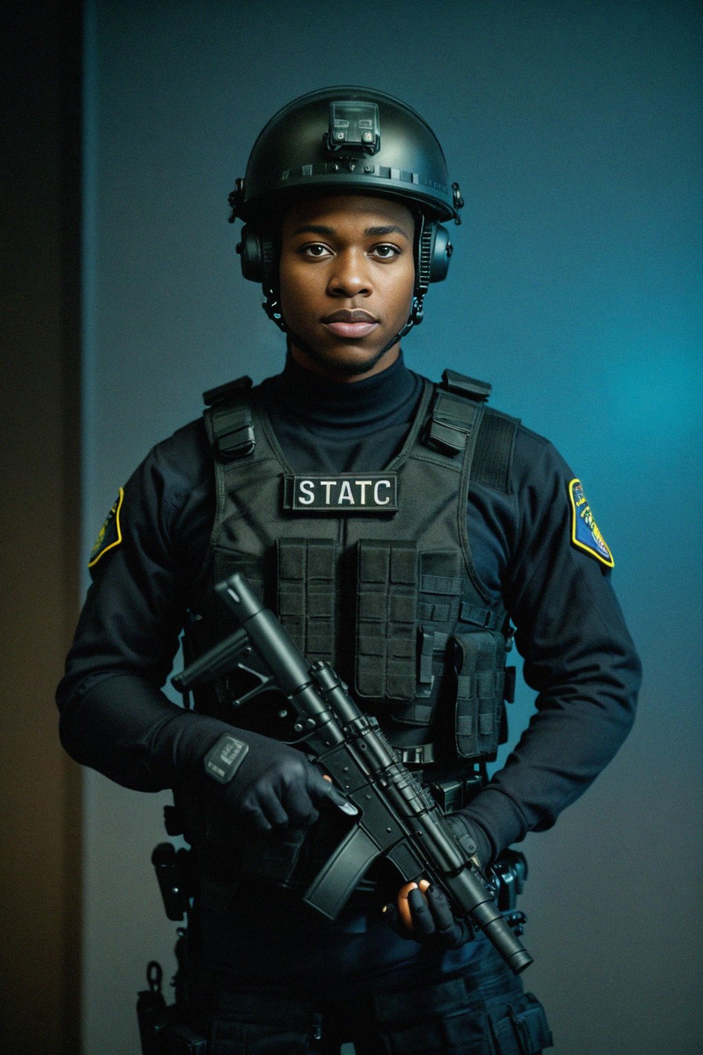 man as a SWAT Officer. wearing black swat vest, swat helmet, holding pdw