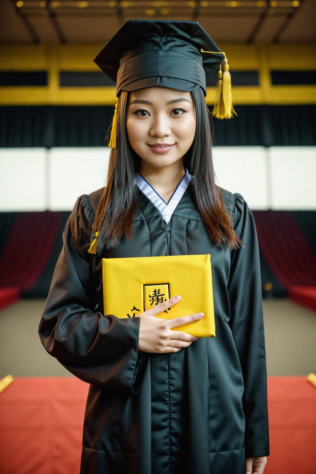 happy  woman in Graduation Ceremony wearing a square black Graduation Cap with yellow tassel at college