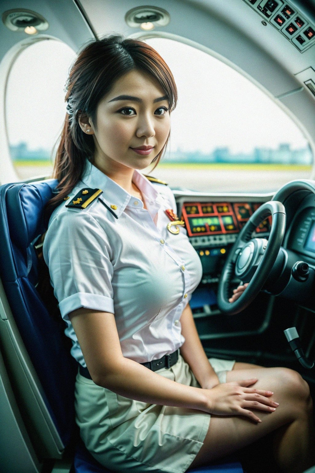 woman as a Airline Pilot inside the Cockpit with white shirt Pilot Uniform