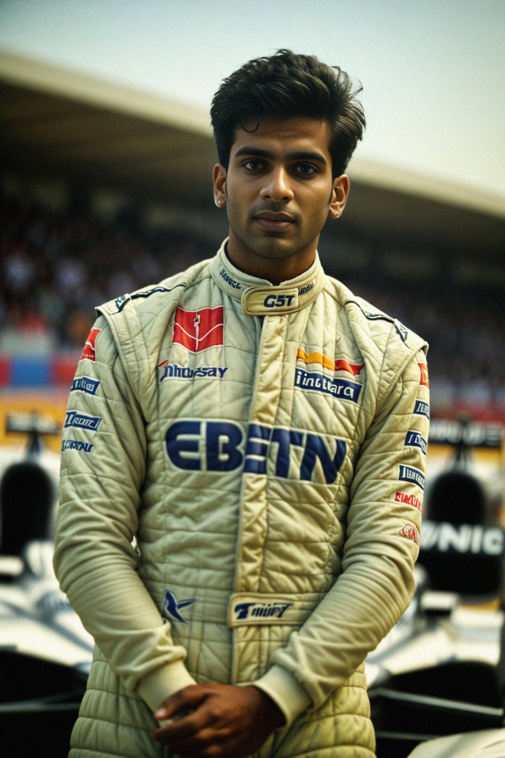 Ultra realistic photograph of man as Formula 1 race driver