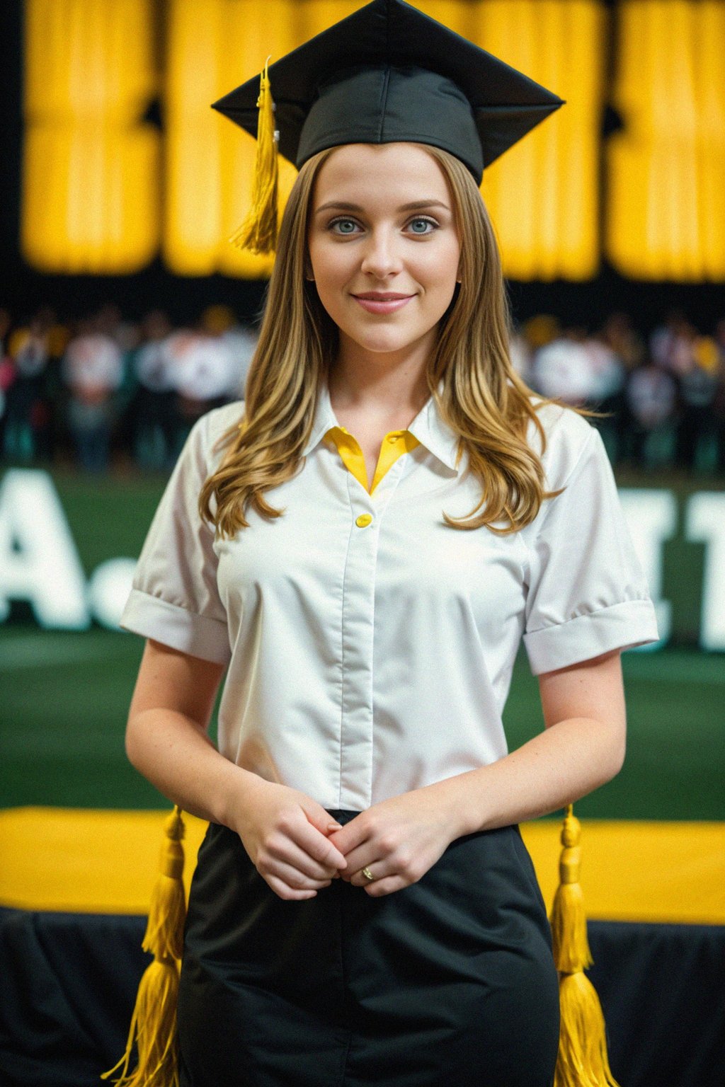 happy  woman in Graduation Ceremony wearing a square black Graduation Cap with yellow tassel at college