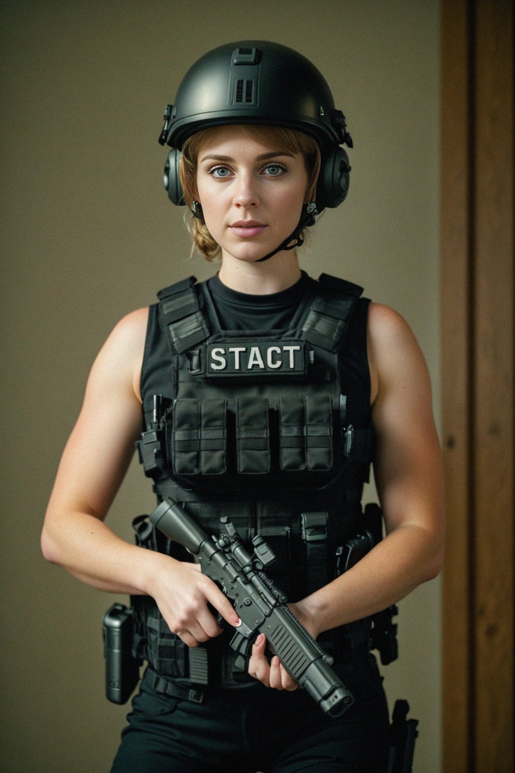 woman as a SWAT Officer. wearing black swat vest, swat helmet, holding pdw