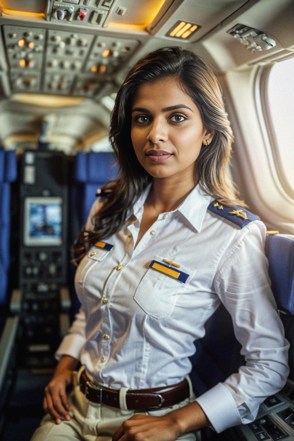 woman as a Airline Pilot inside the Cockpit with white shirt Pilot Uniform