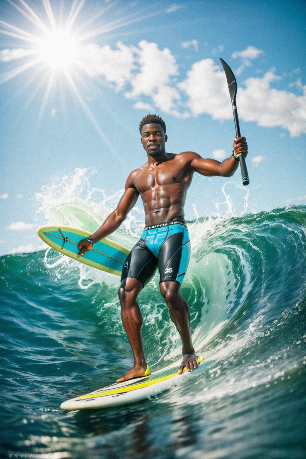 a charming masculine  man showcasing their adventurous side while participating in water sports like surfing or paddleboarding