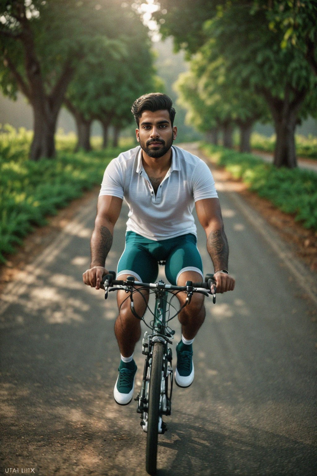 a stylish masculine  man enjoying a leisurely bike ride along a scenic path
