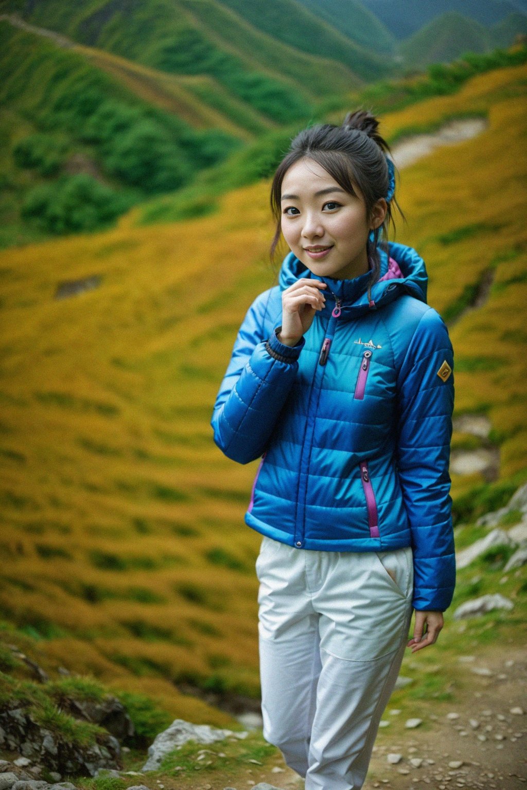 an adventurous  feminine woman hiking in the mountains, enjoying the beauty of nature and the sense of adventure