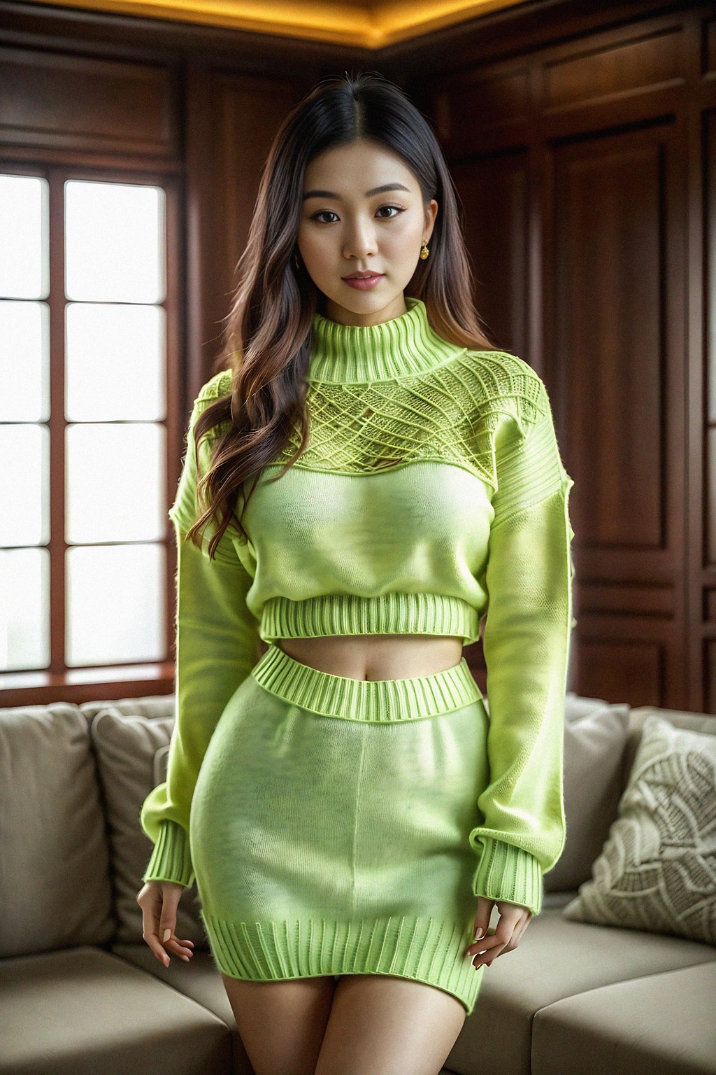 a woman wearing knitted sweater) in luxury villa living room, instagram photo, instagram, hourglass figure