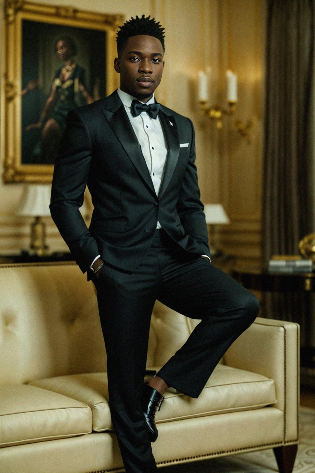 a man wearing  black suit in luxury villa living room, instagram photo, instagram,  fit body