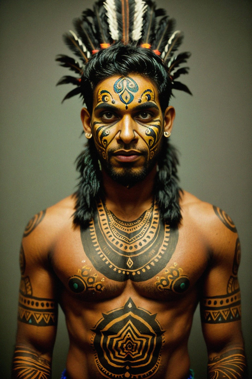 a man with  a tribal face paint design, adding an element of tribal and cultural inspiration to their festival look