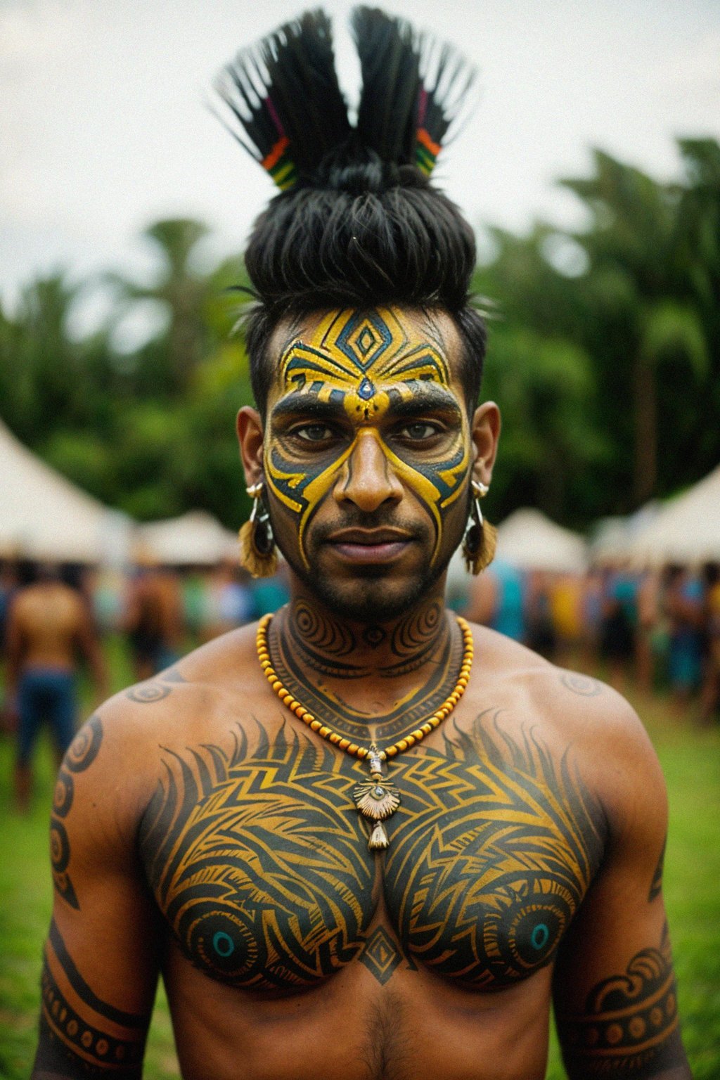 a man with  a tribal face paint design, adding an element of tribal and cultural inspiration to their festival look
