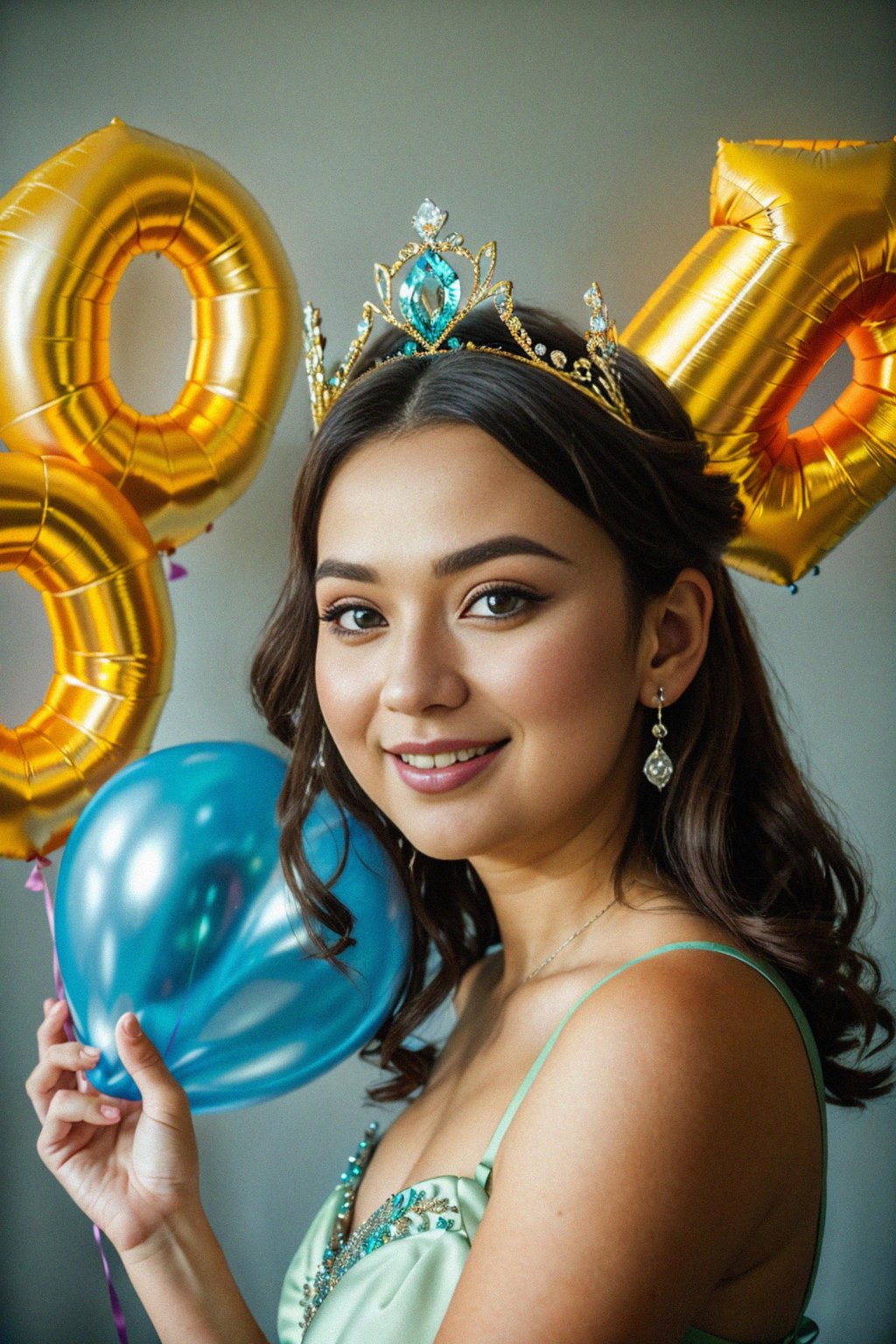 a person wearing a birthday crown or tiara, holding a "Happy Birthday" sign or balloons, radiating elegance and royalty