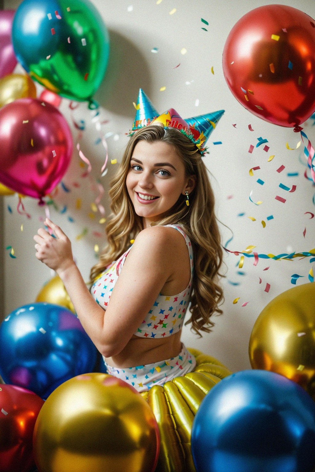 a birthday party scene, with balloons, streamers, and confetti, capturing the festive atmosphere and the anticipation of a fun-filled celebration
