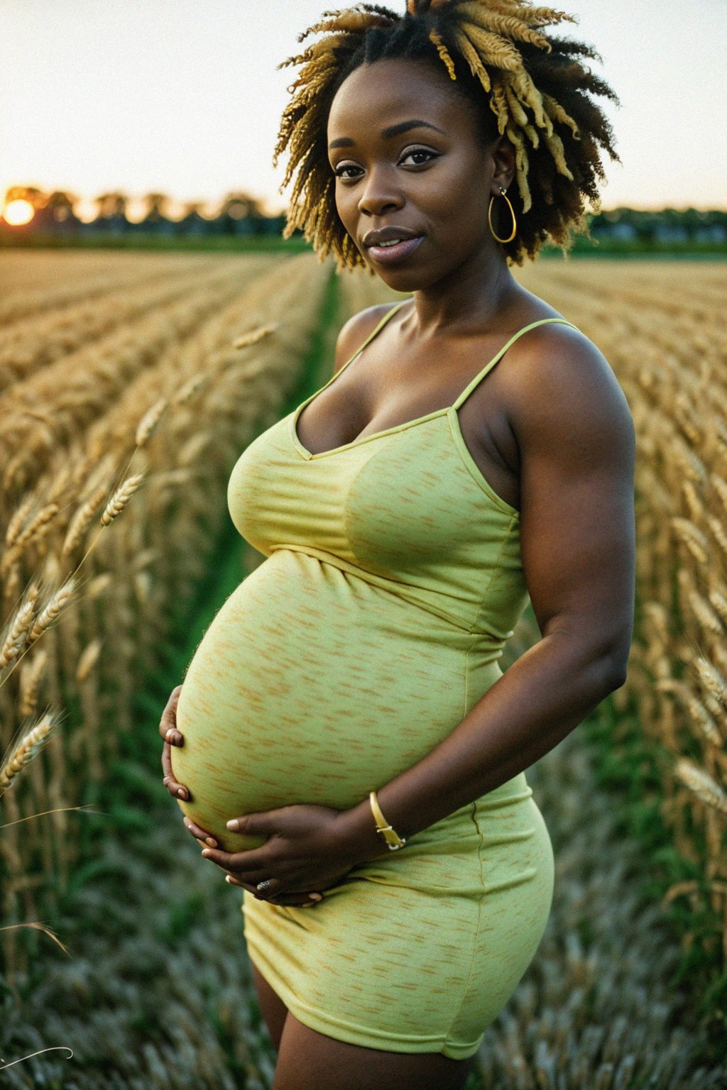 healthy pregnant woman in maternity photographs, beautiful pregnant woman, maternity photography in field of wheat. golden hour