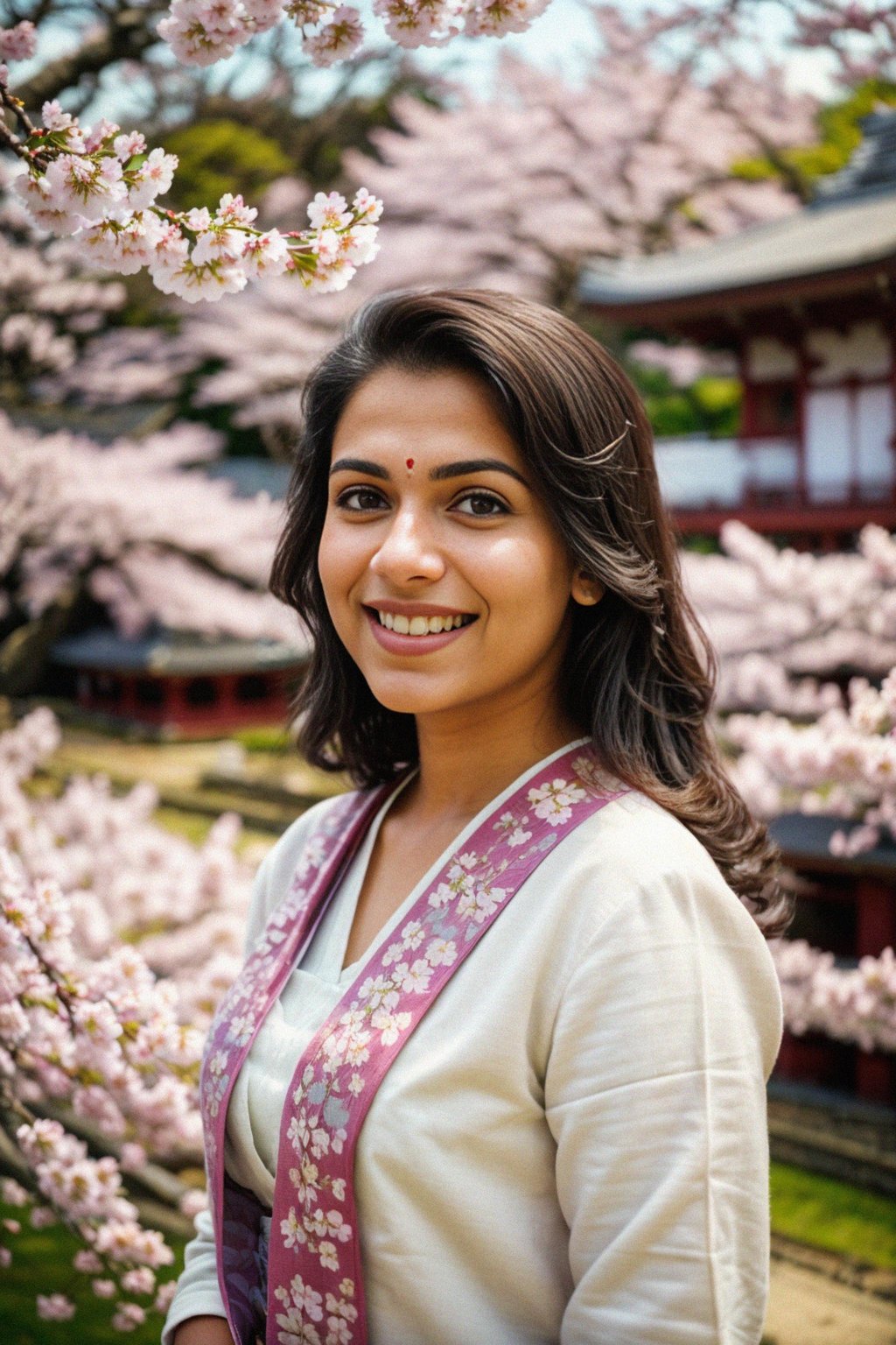 smiling woman in Japan with Japanese Cherry Blossom Trees and Japanese temples in background