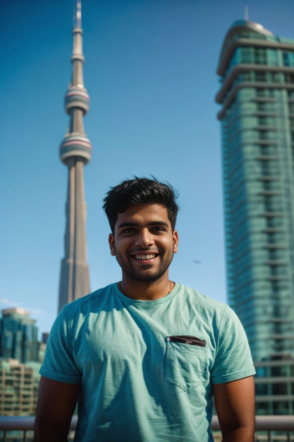 smiling man in Toronto with the CN Tower in the background