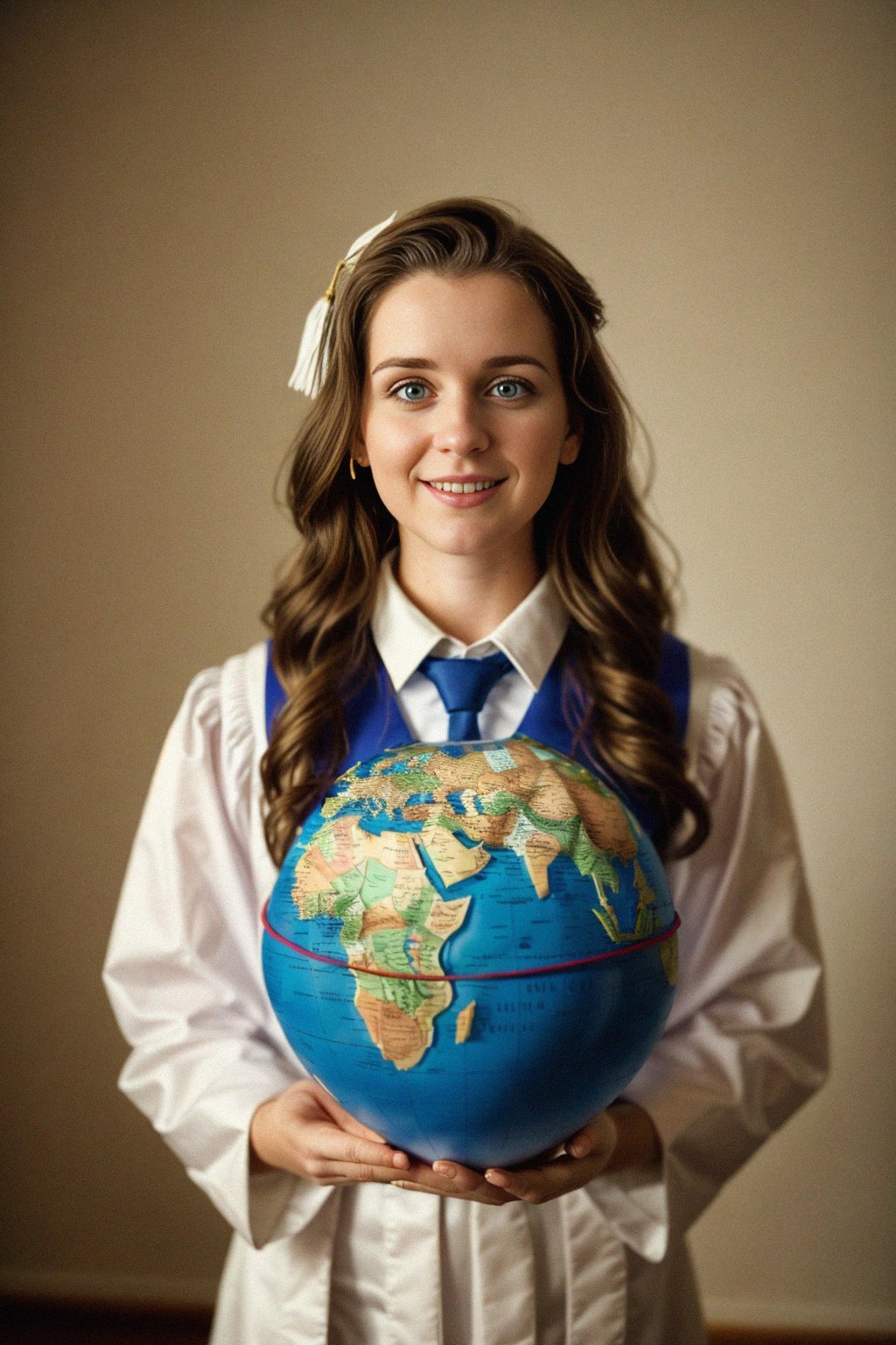 a graduate woman in their academic regalia, holding a globe or a map, representing their global perspective and aspirations for making an impact in the world