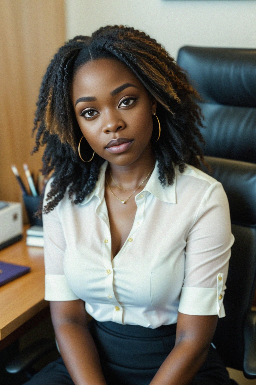 headshot of woman, sitting at a desk, at a (office), BREAK elegant blouse, pencil skirt, makeup