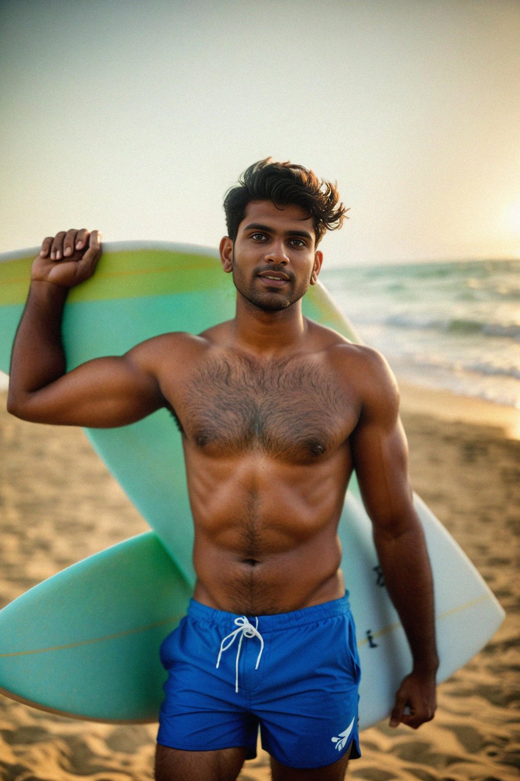 man in  board shorts with surfboard on the beach, ready to ride the waves