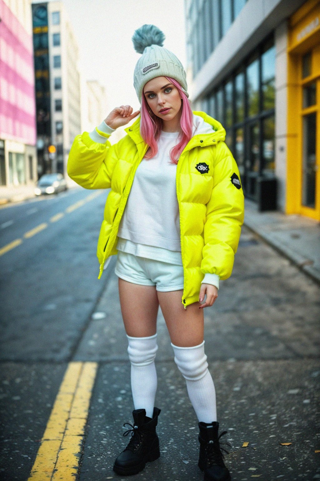 woman wearing gorpcore aesthetic, functional outdoor clothing, bright colored puffer jacket, moonboots, beanie, white wool socks, outerwear, posing for photo in the street