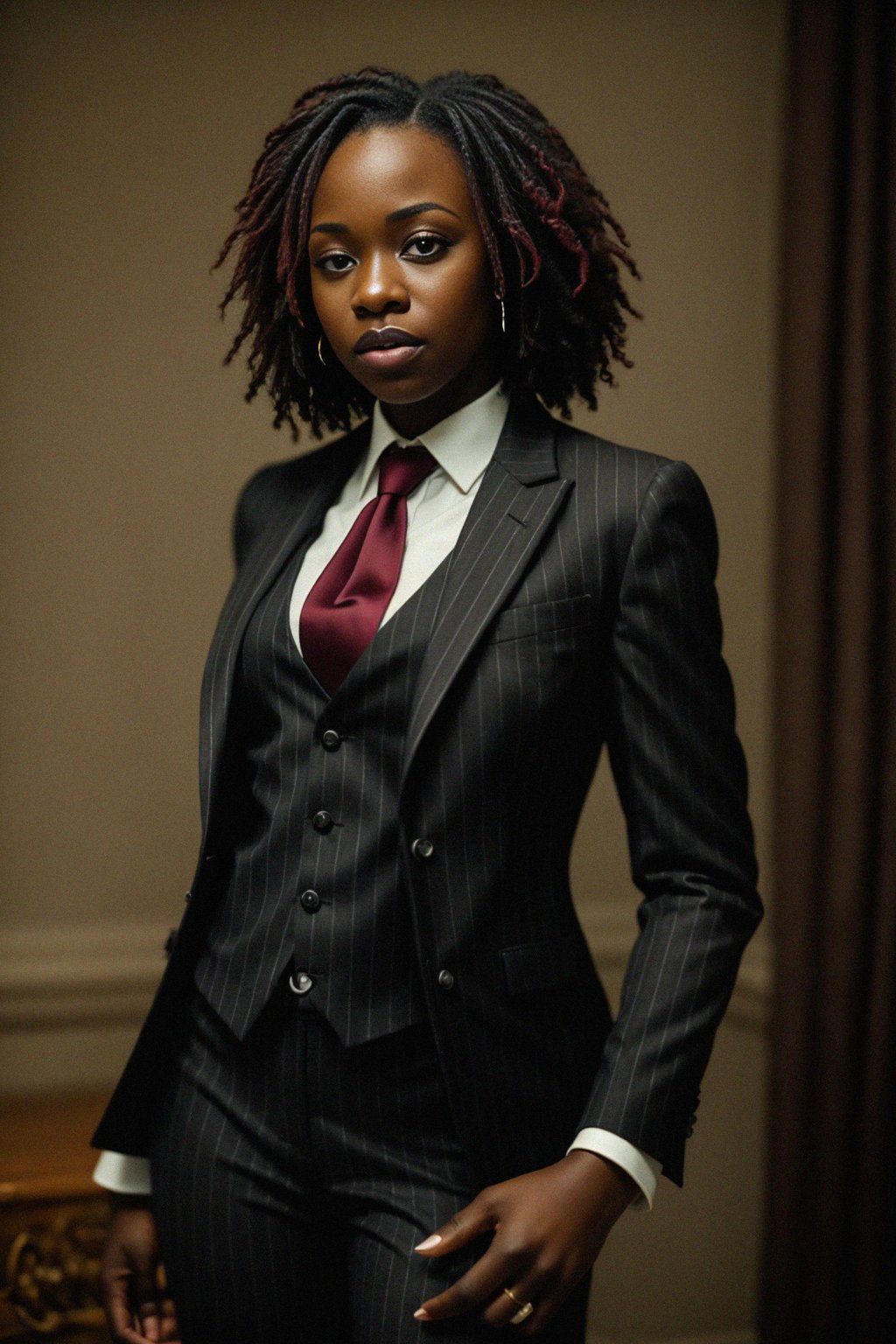 woman trying on a sophisticated pinstripe suit with a waistcoat and a burgundy tie