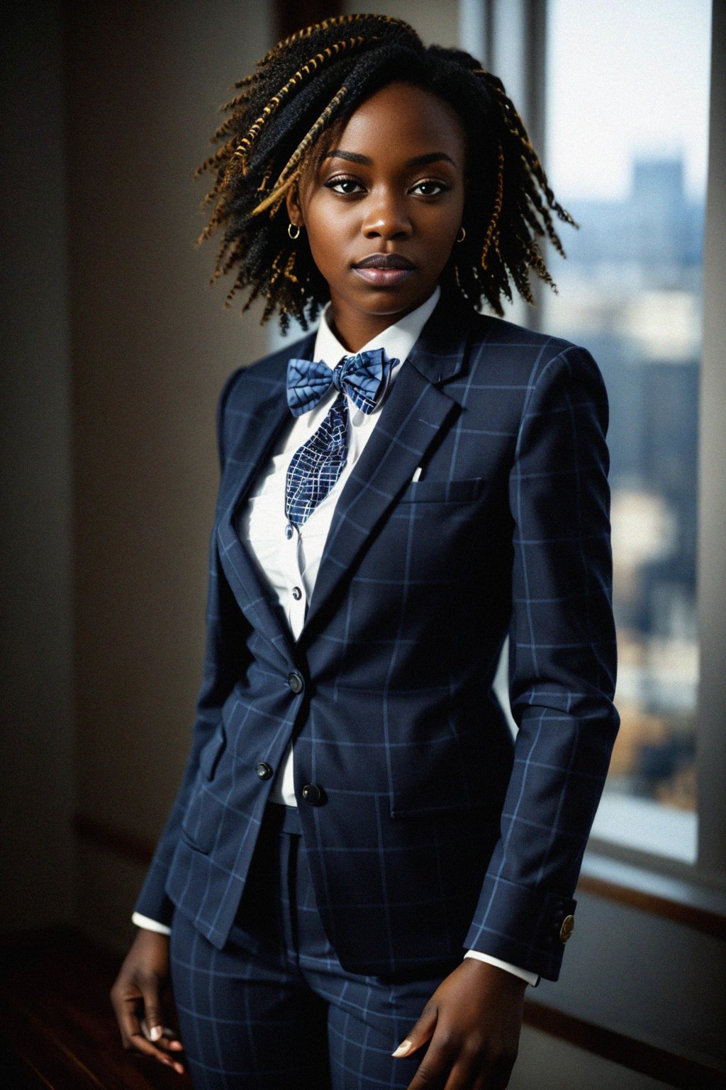 woman showcasing a unique windowpane check suit in a navy blue color with a patterned shirt and a contrasting bow tie