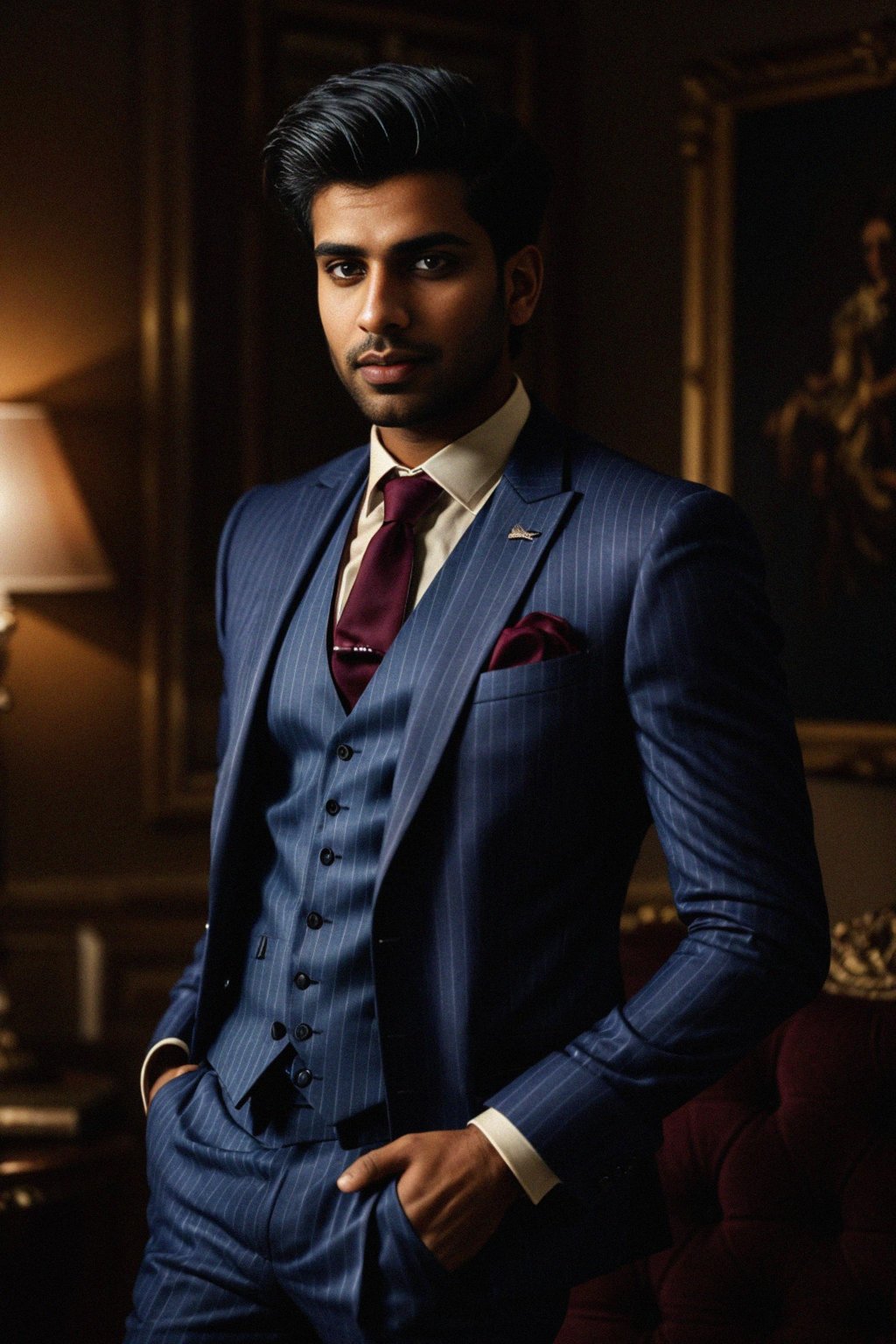 handsome and stylish man trying on a sophisticated pinstripe suit with a waistcoat and a burgundy tie
