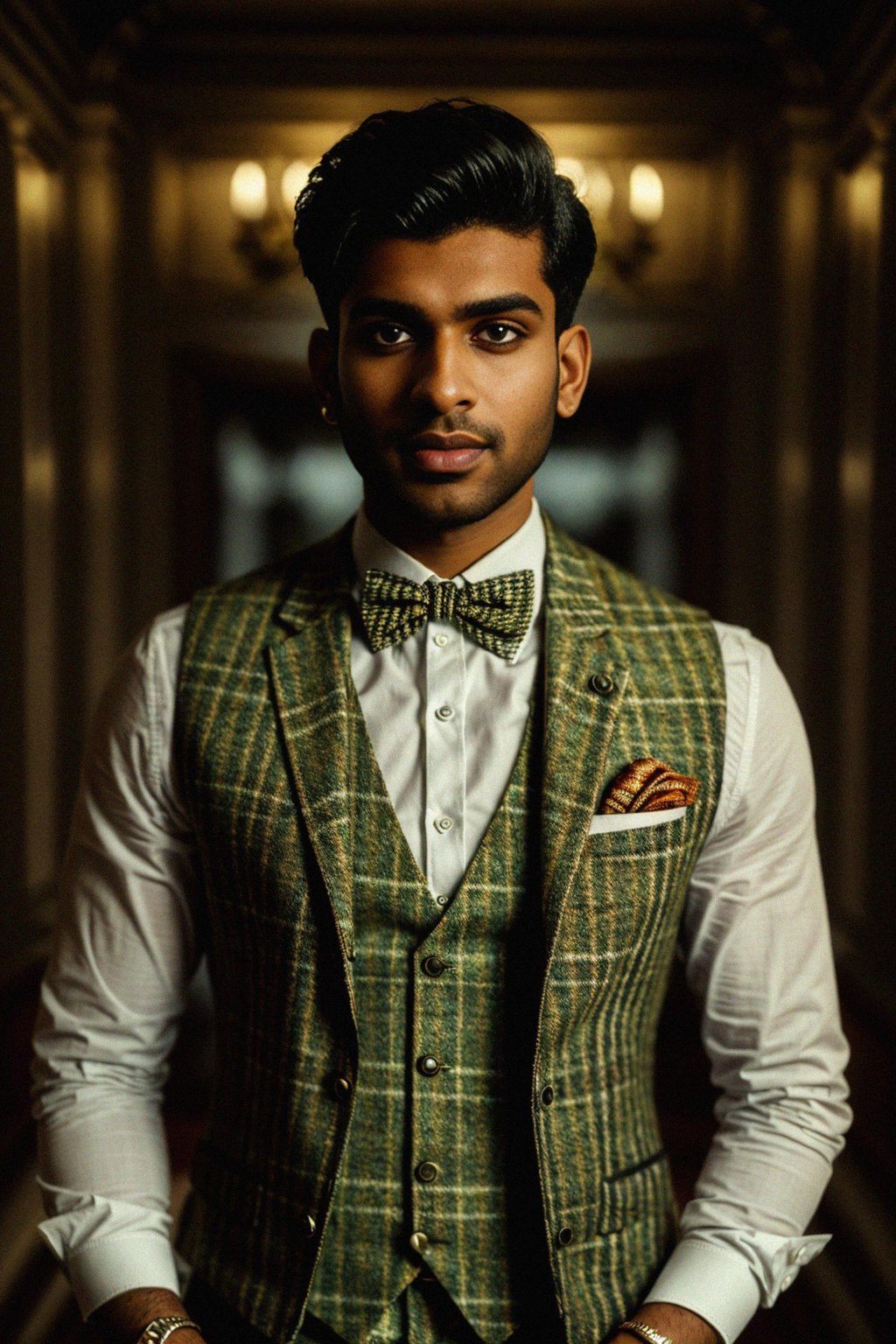 handsome and stylish man wearing a trendy tweed suit with a patterned bow tie and a contrasting vest