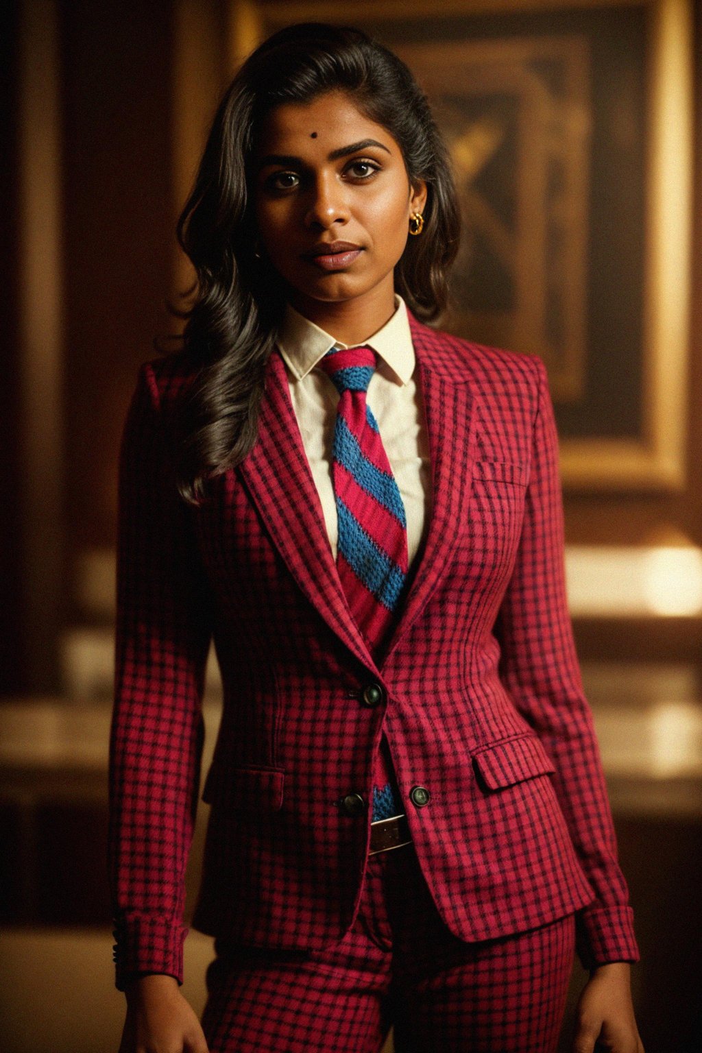 woman showcasing a dappersuit in a bold plaid pattern with a solid-colored shirt and a knitted tie