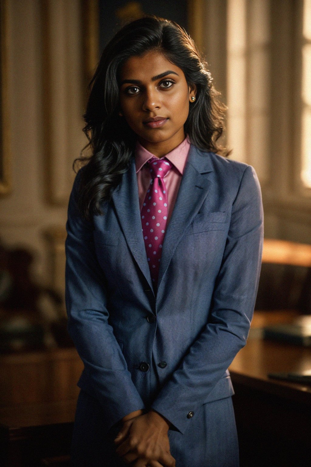 woman wearing a classic navy herringbone suit with a light pink dress shirt and a polka dot tie