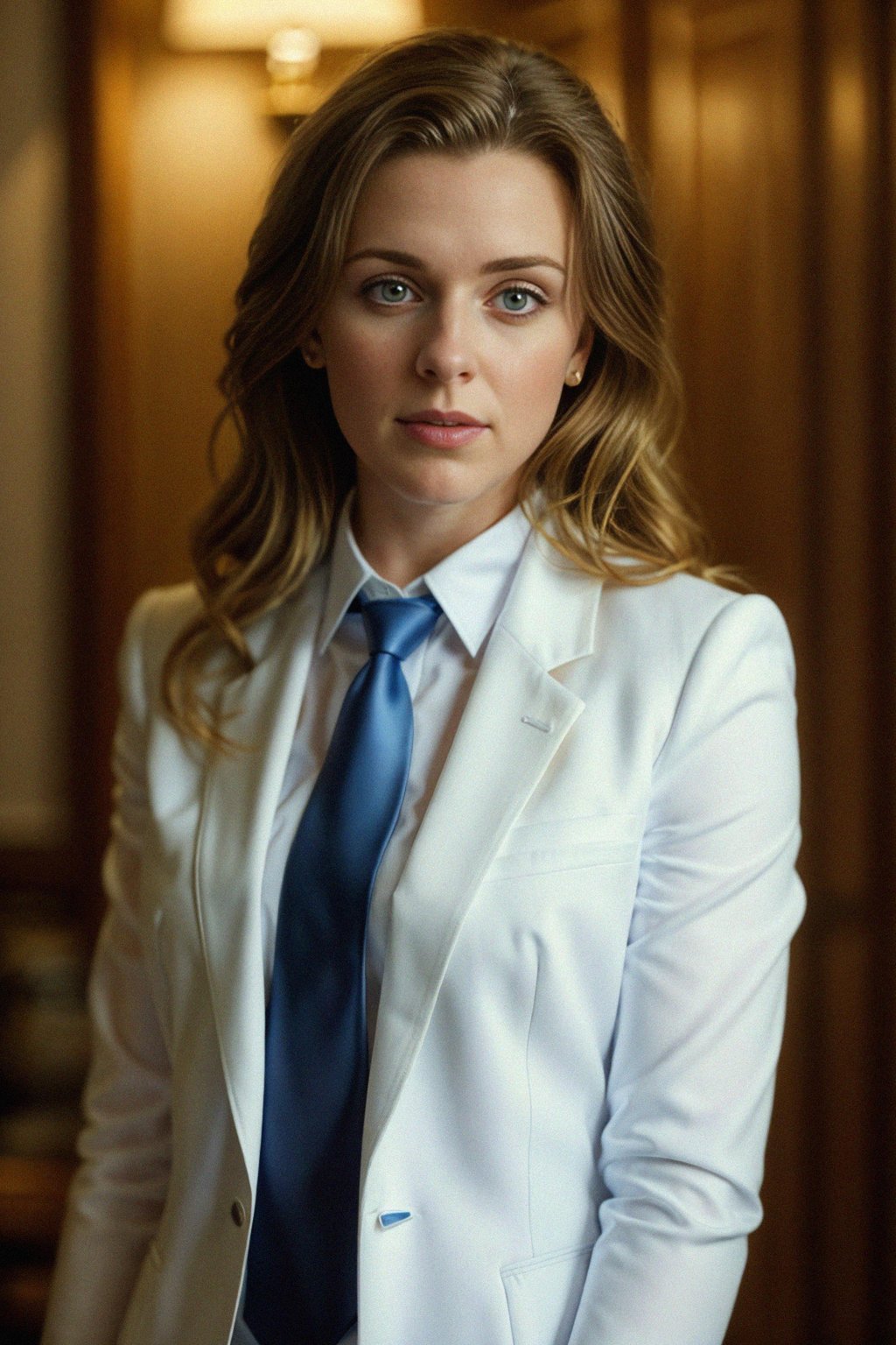 woman wearing a classic navy blue suit with a crisp white dress shirt and a patterned tie