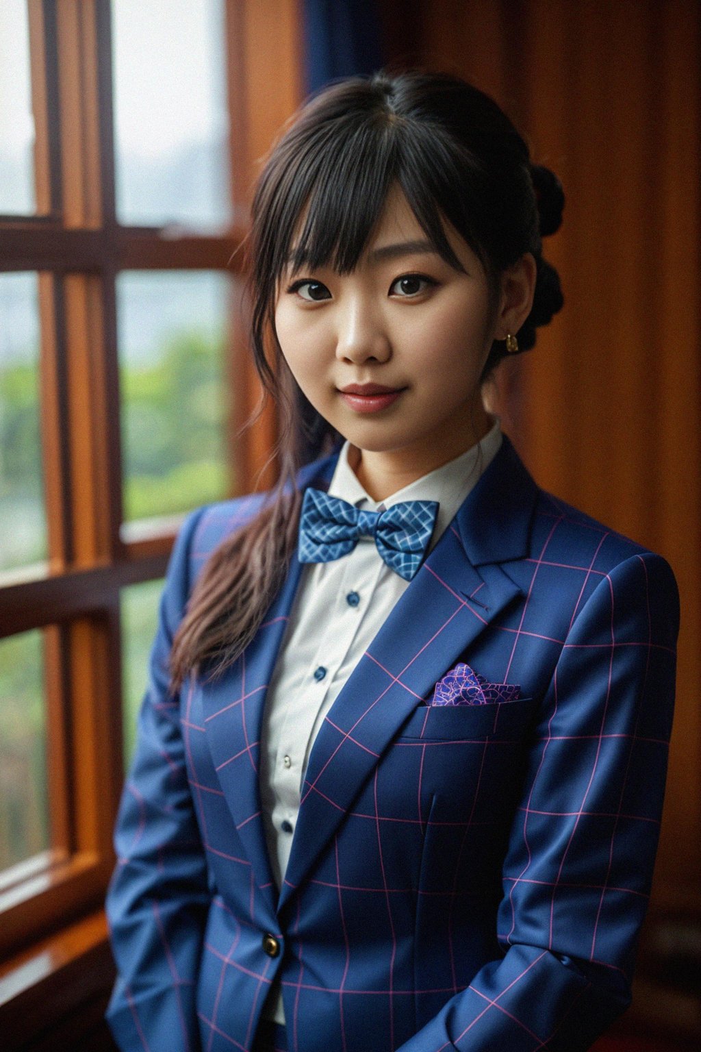 woman showcasing a unique windowpane check suit in a navy blue color with a patterned shirt and a contrasting bow tie