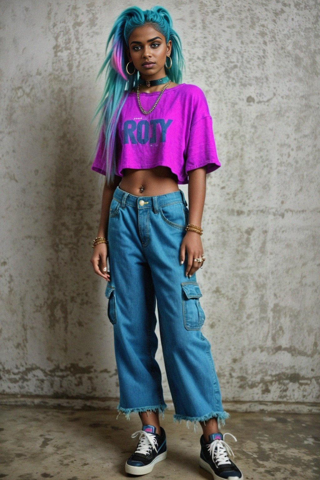 woman wearing Y2K aesthetic, 2000s fashion, aughts style, noughties style, grunge or 2000s style, oversized washed out style, baggy pants, low rise pants or cargo pants, crop top, Choker, Metallic, iridescent fabrics, posing for photo