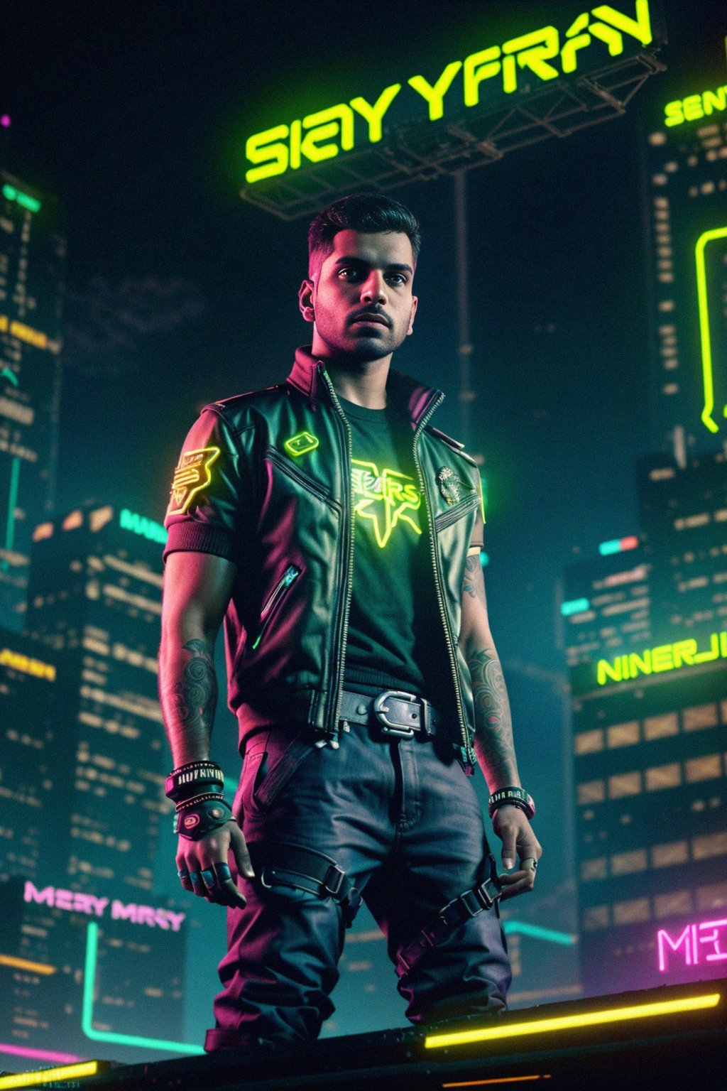 cyberpunk man with futuristic cyberpunk neon clothes standing in cyberpunk city with neon lights city on Mars in future, neon billboards, skyscrapers