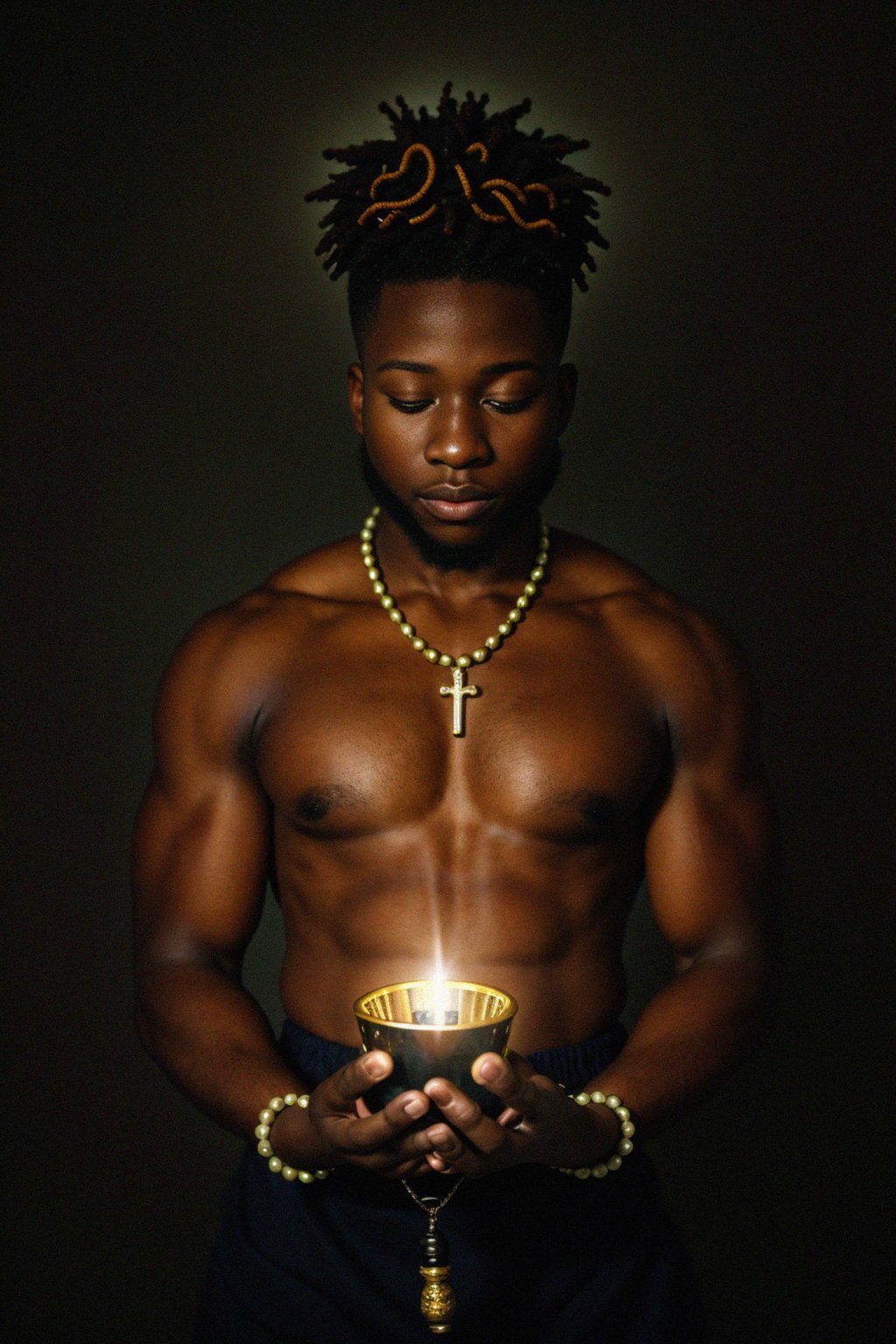 man holding prayer beads or a sacred object, engrossed in a prayer or a meditative state, capturing the devotion and connection to higher realms