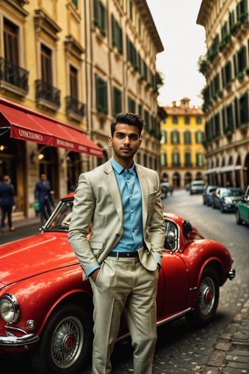 sharp and trendy man in Milan wearing high fashion attire in front of a classic Italian café