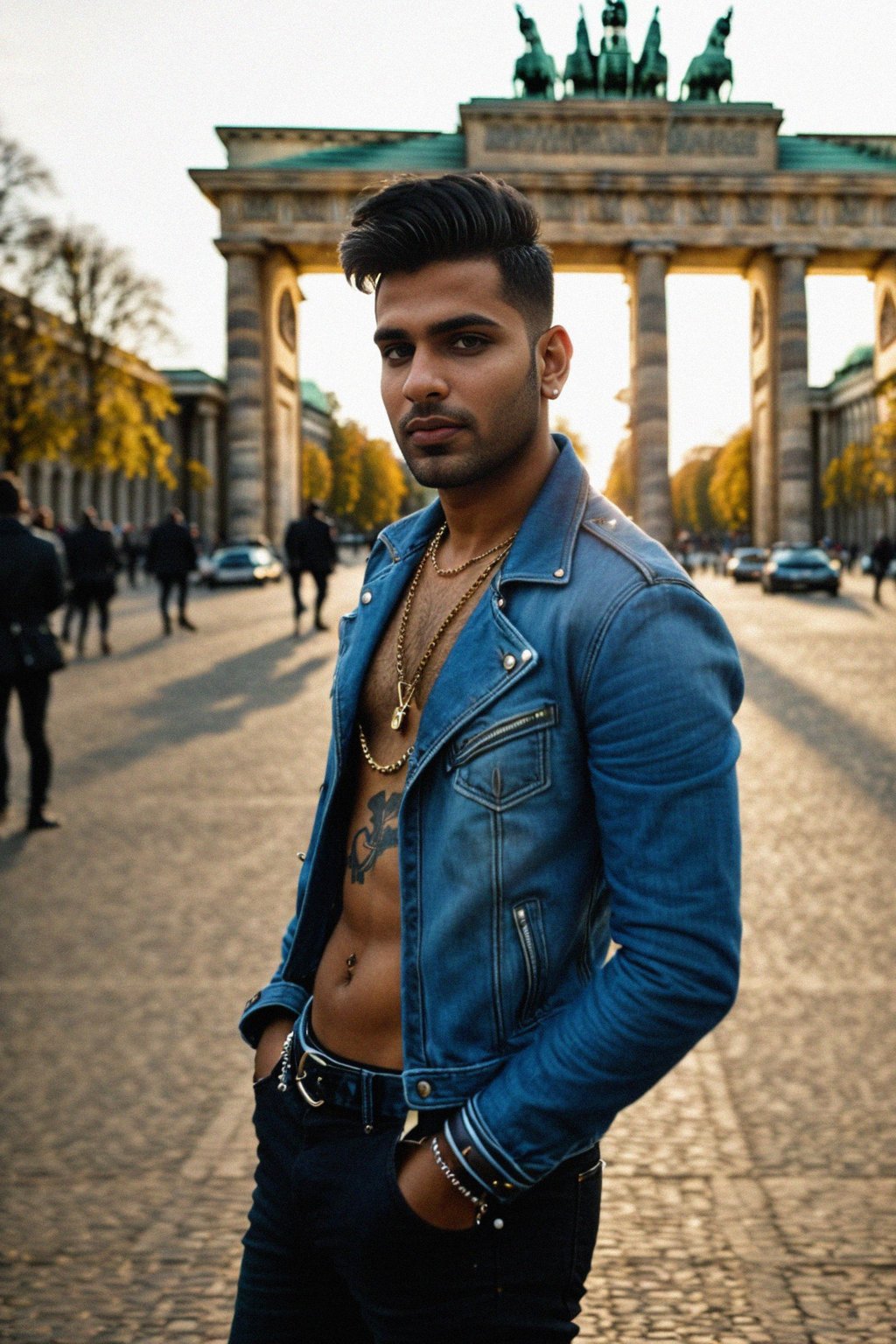 sharp and trendy man in Berlin wearing a punk-inspired outfit, Brandenburg Gate in the background