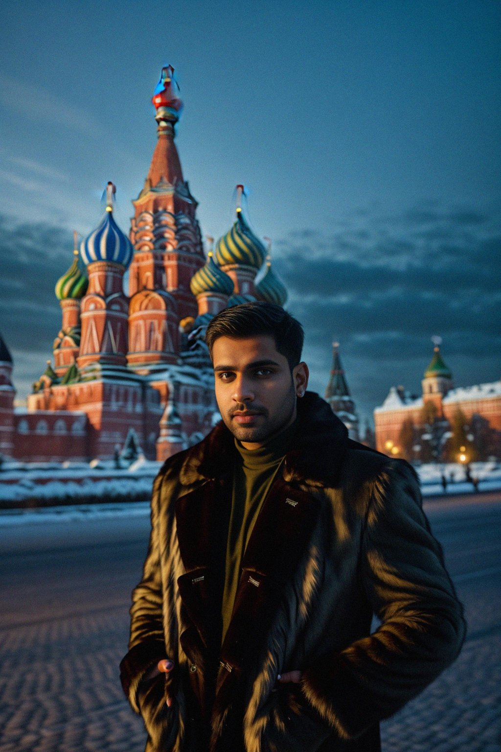 sharp and trendy man in Moscow wearing a faux fur coat, Kremlin in the background