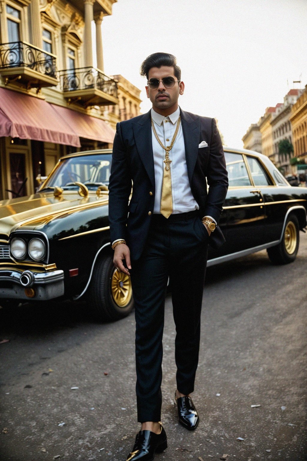 beautiful man as a mobster, mafia, mafia outfit, tailored suits, chunky gold jewelry, mafia aesthetic, flashy, glamorous, luxury, loud, Goodfellas, The Sopranos, Mob Wives, opulence, confidence