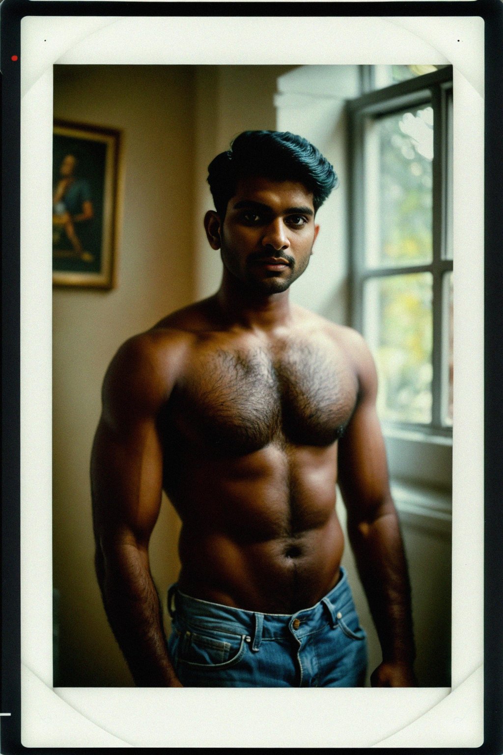 man in polaroid classic photograph posing for photo indoors