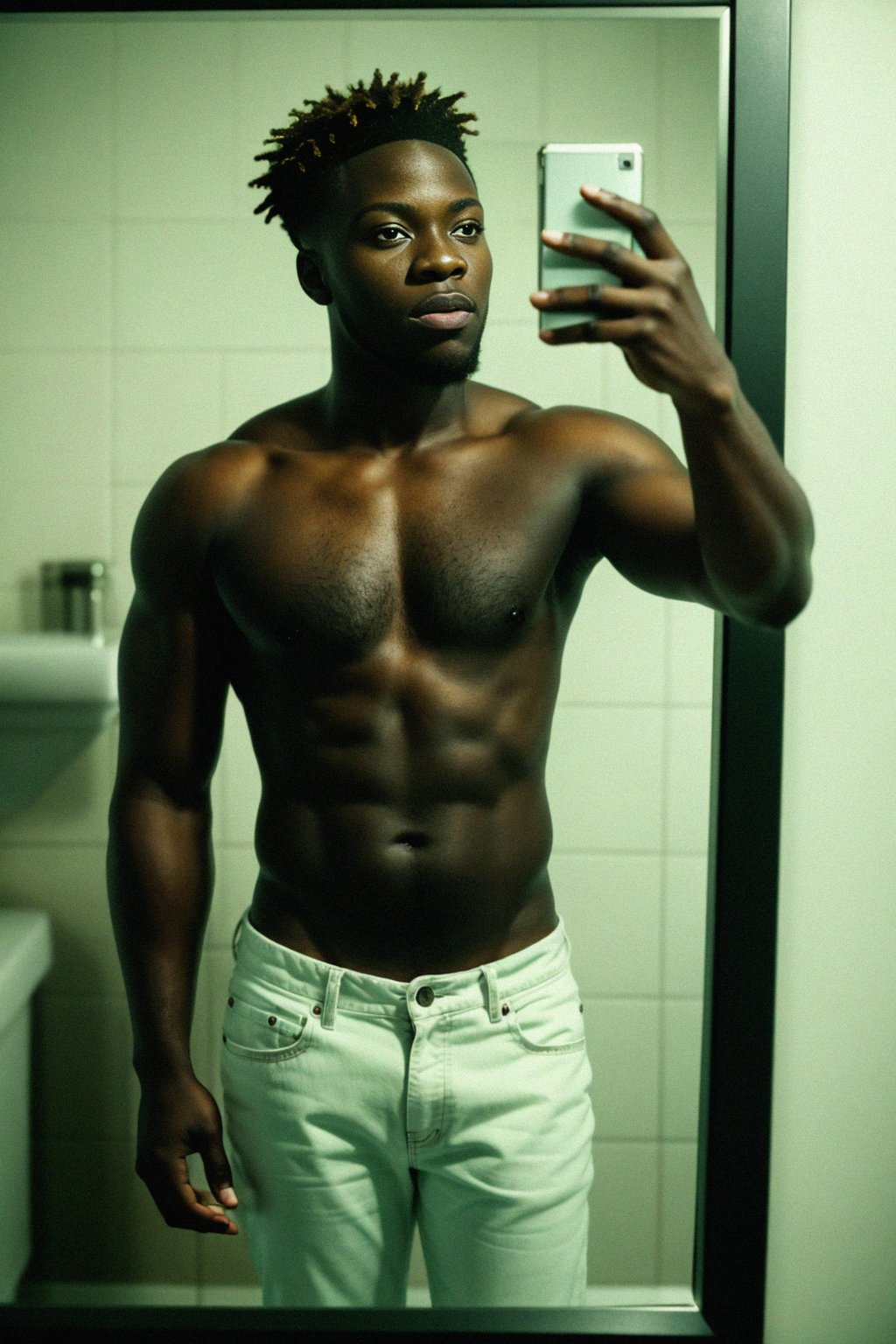 beautiful man taking a selfie in bathroom mirror