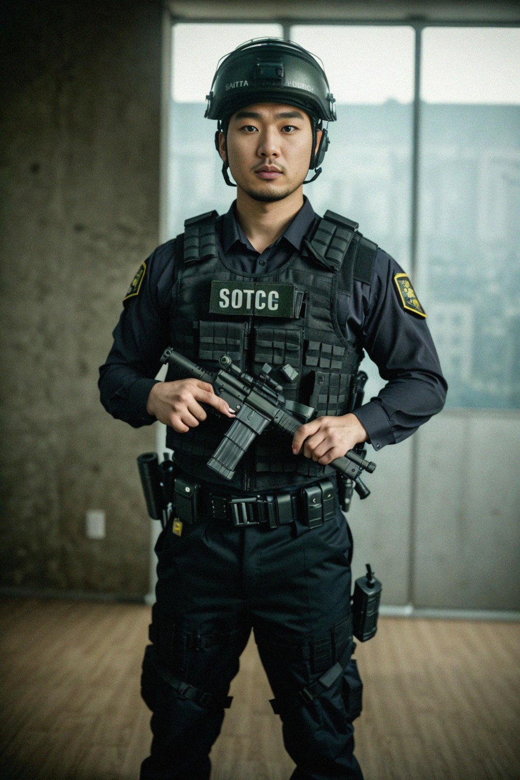 man as a SWAT Officer. wearing black swat vest, swat helmet, holding pdw