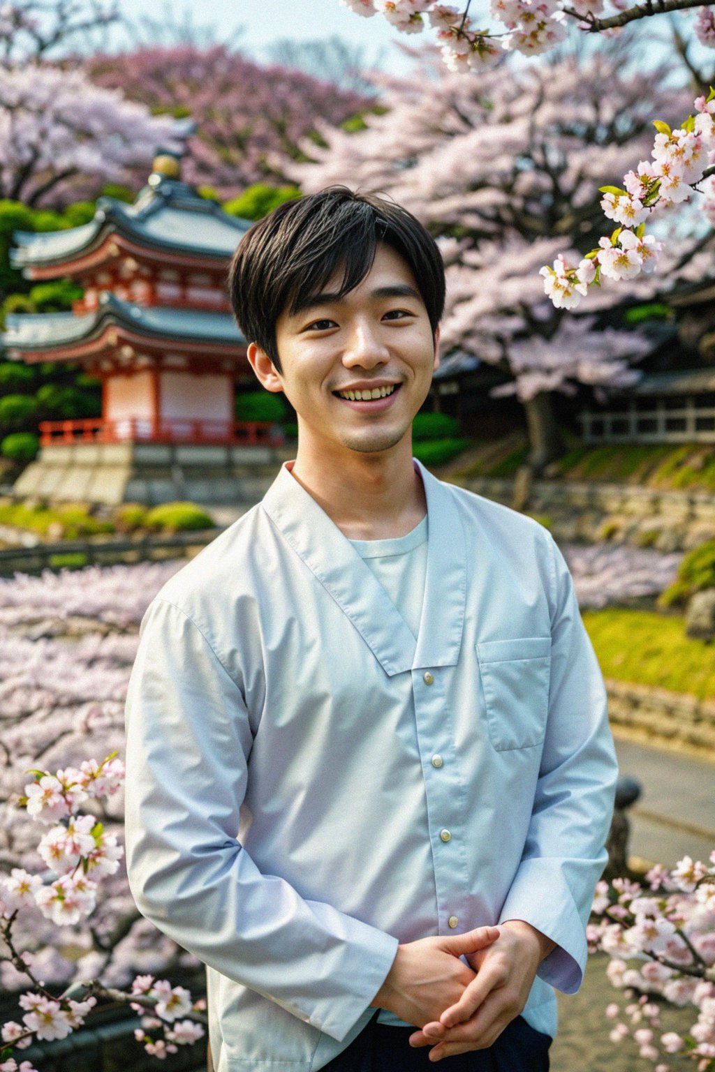 smiling man in Japan with Japanese Cherry Blossom Trees and Japanese temples in background