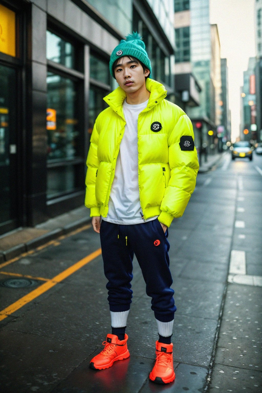 man wearing gorpcore aesthetic, functional outdoor clothing, bright colored puffer jacket, moonboots, beanie, white wool socks, outerwear, posing for photo in the street