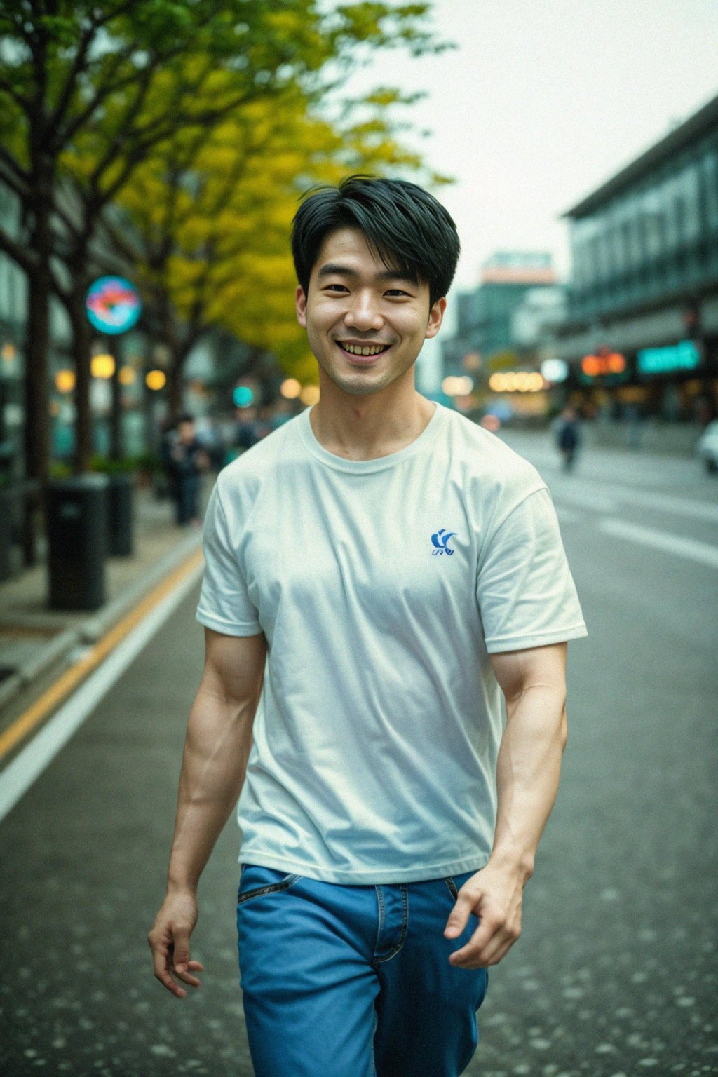 smiling masculine  man taking a casual stroll through a cityscape