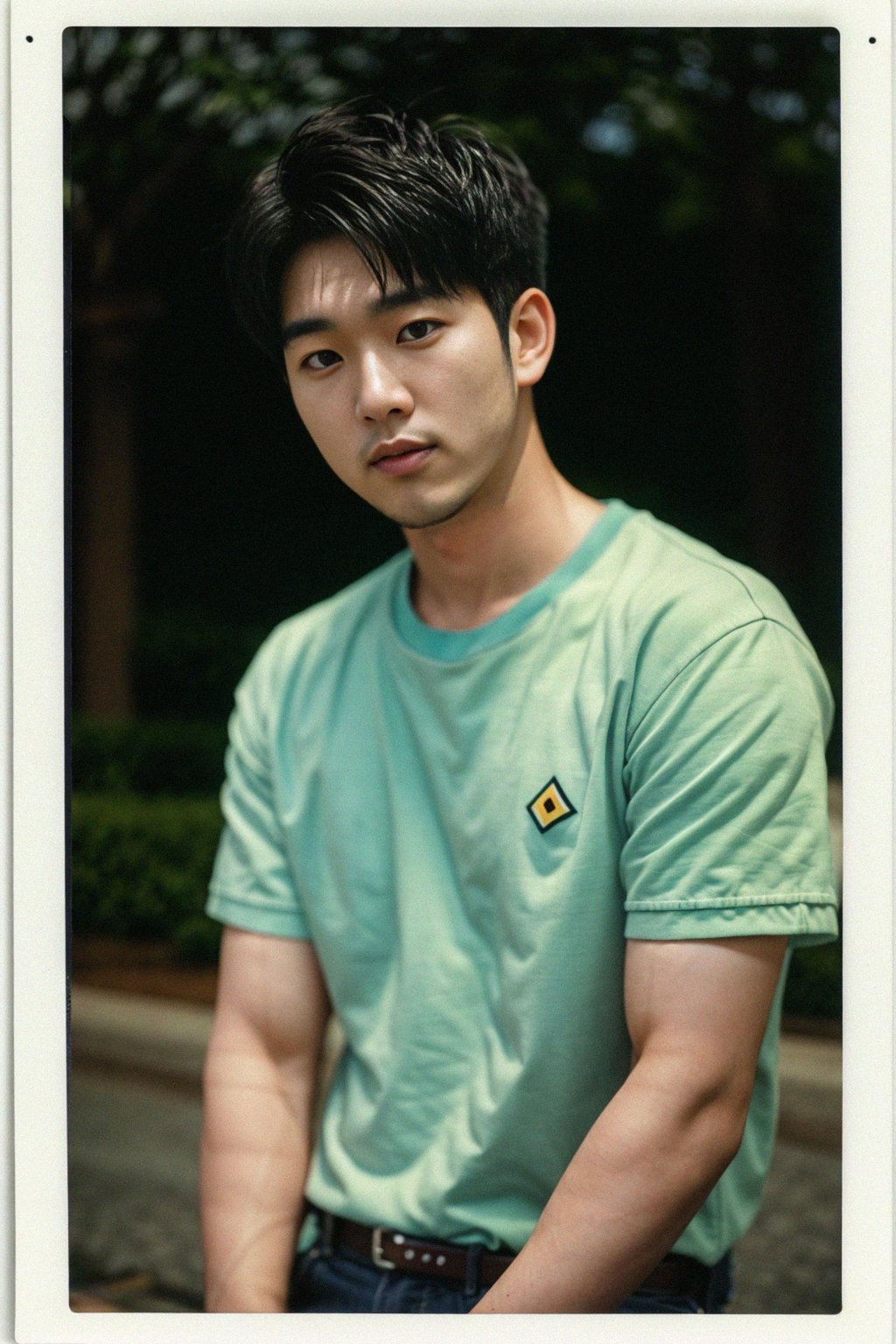 man in polaroid classic photograph posing for photo outside