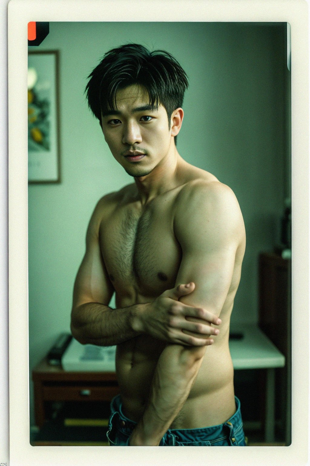 man in polaroid classic photograph posing for photo indoors