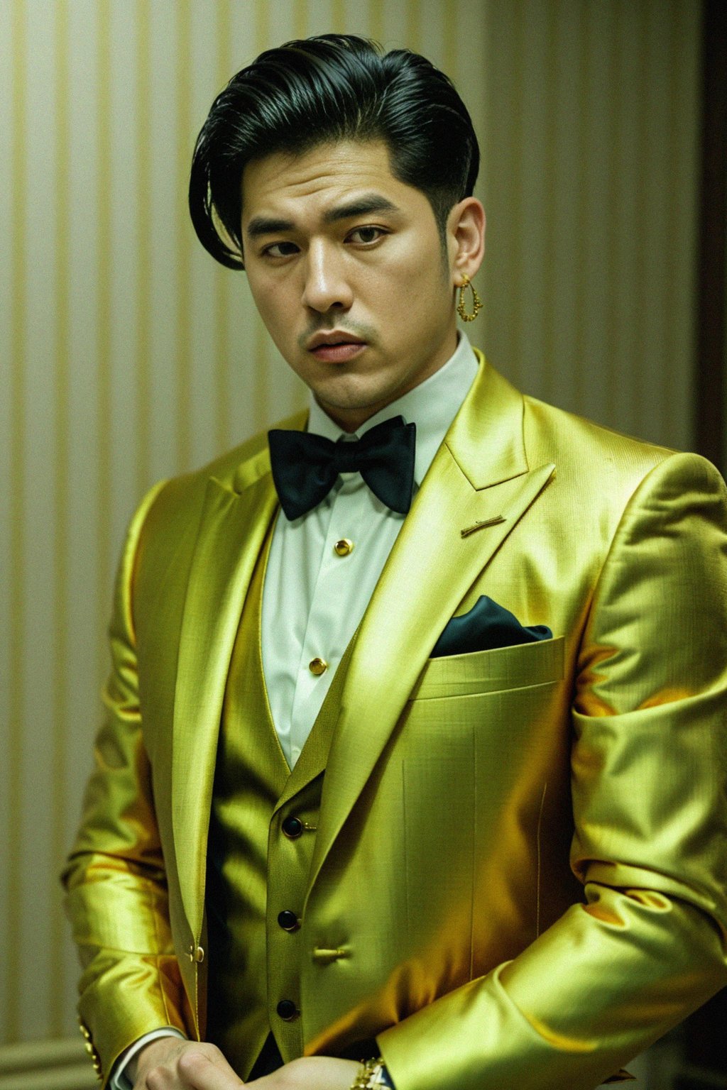 beautiful man as a mobster, mafia, mafia outfit, tailored suits, chunky gold jewelry, mafia aesthetic, flashy, glamorous, luxury, loud, Goodfellas, The Sopranos, Mob Wives, opulence, confidence